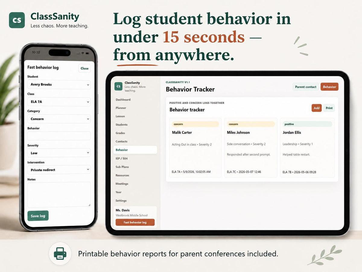 ClassSanity teacher planning offline HTML mini app feature screen 5