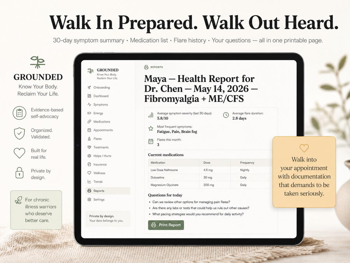 GROUNDED chronic illness tracking offline HTML mini app feature screen 4