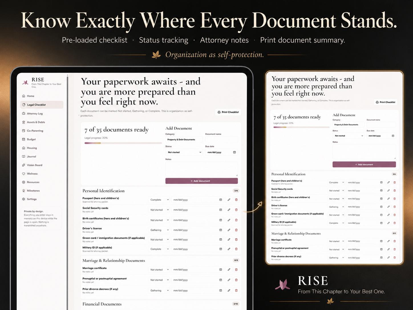 RISE divorce planning offline HTML mini app feature screen 3