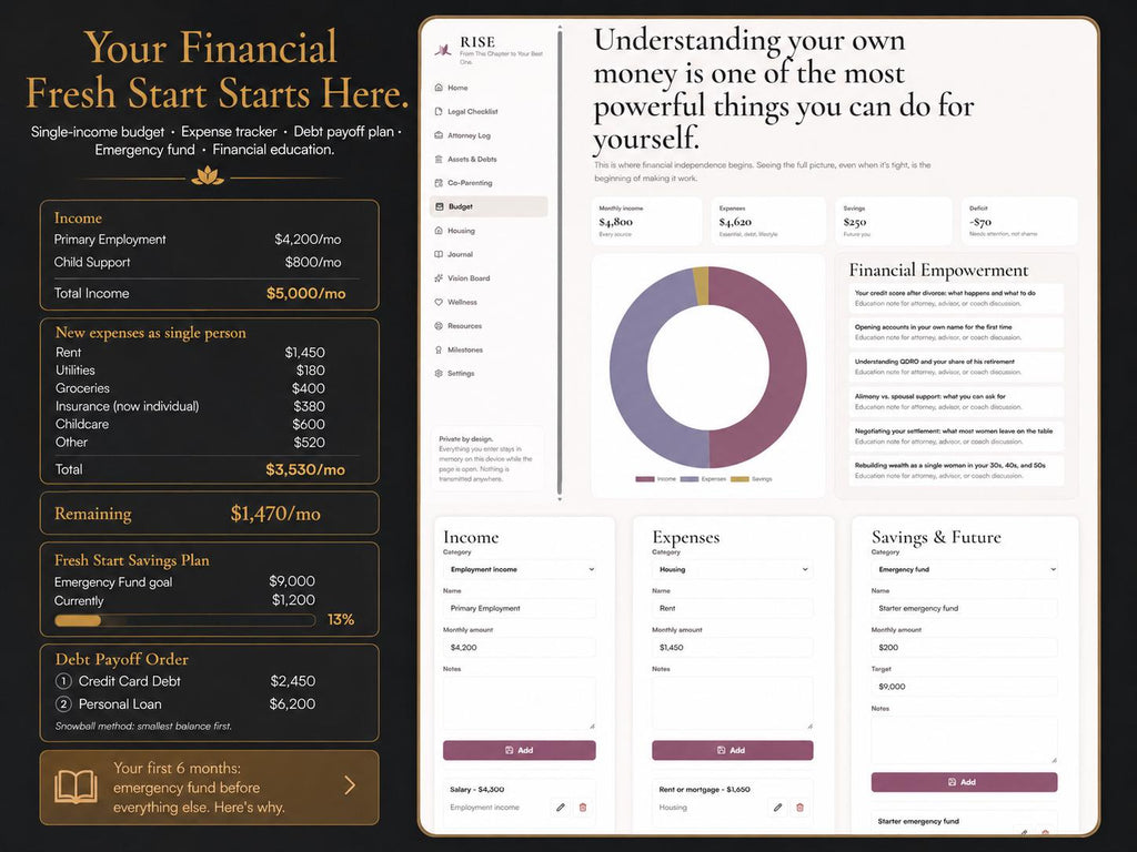 RISE divorce planning offline HTML mini app feature screen 6