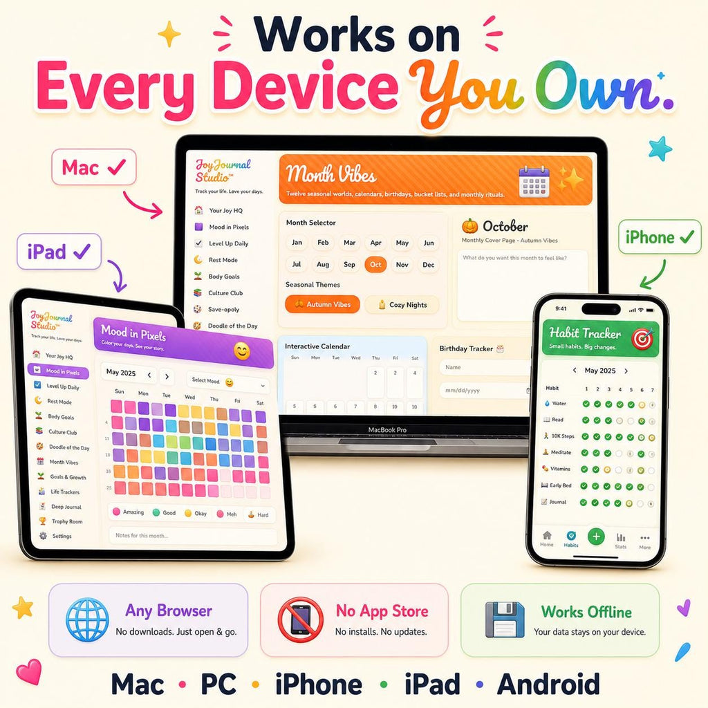JoyJournal Studio personal growth journal offline HTML mini app feature screen 10