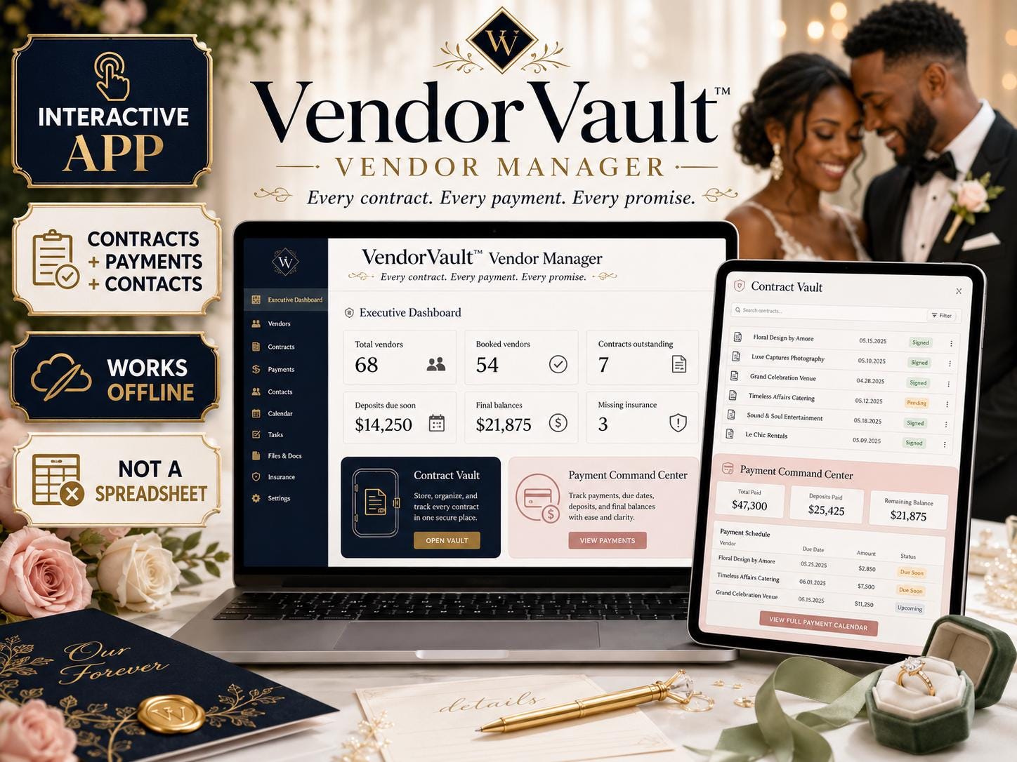 VendorVault wedding vendor management offline HTML mini app dashboard