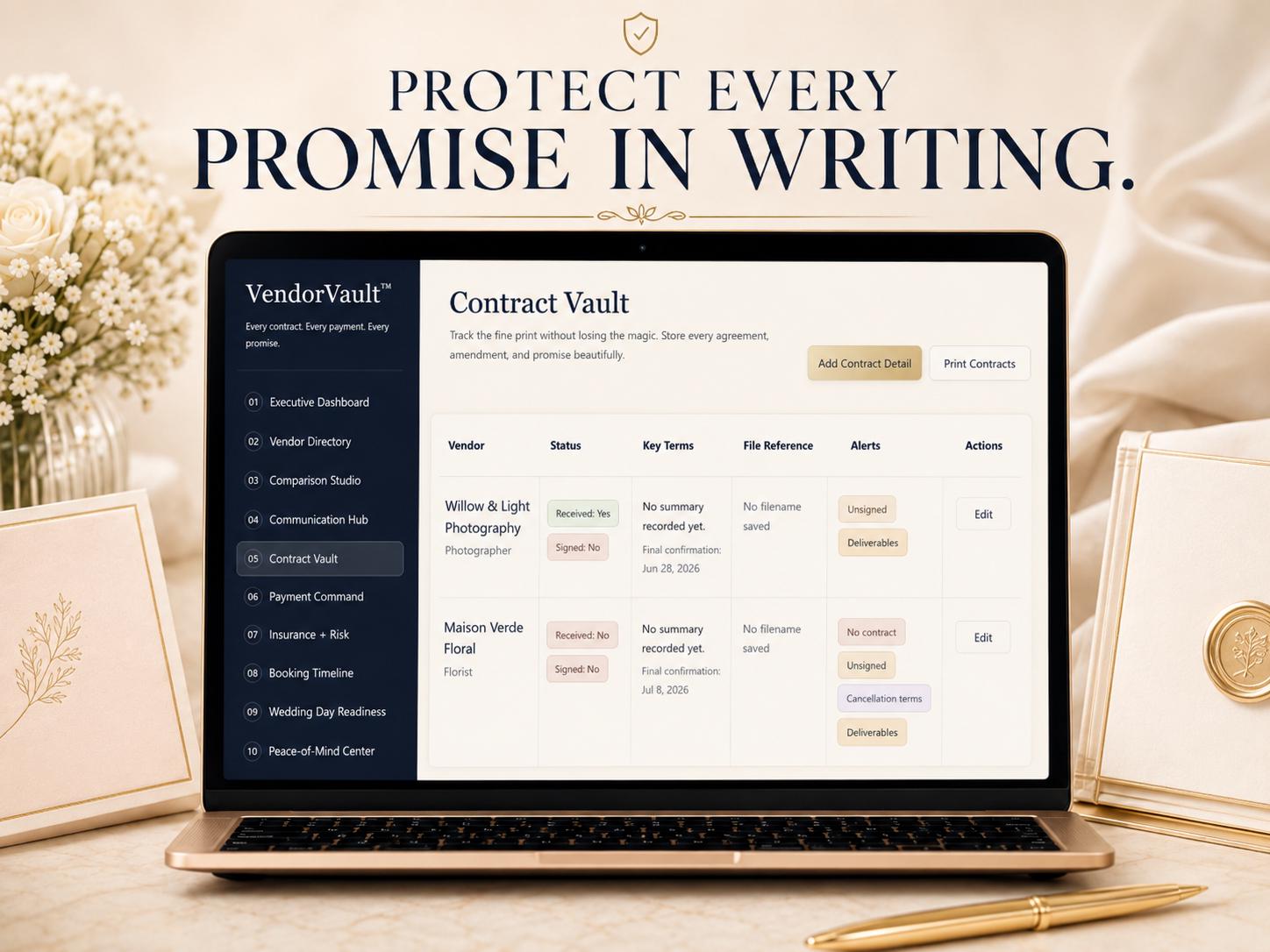 VendorVault wedding vendor management offline HTML mini app feature screen 6