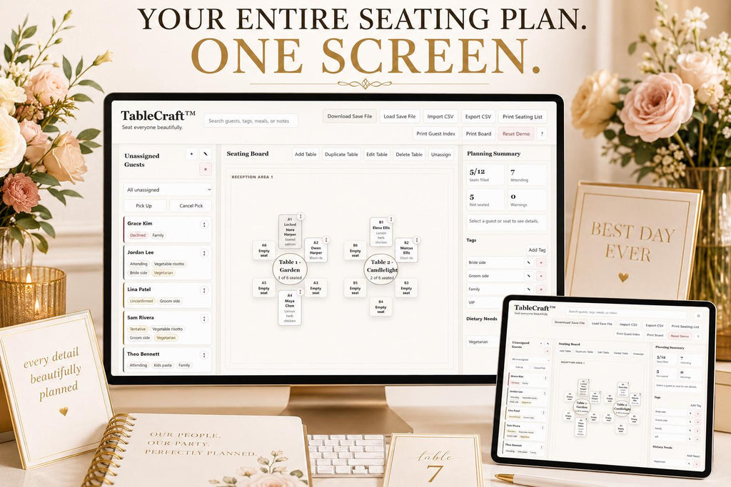 TableCraft wedding seating offline HTML mini app feature screen 2