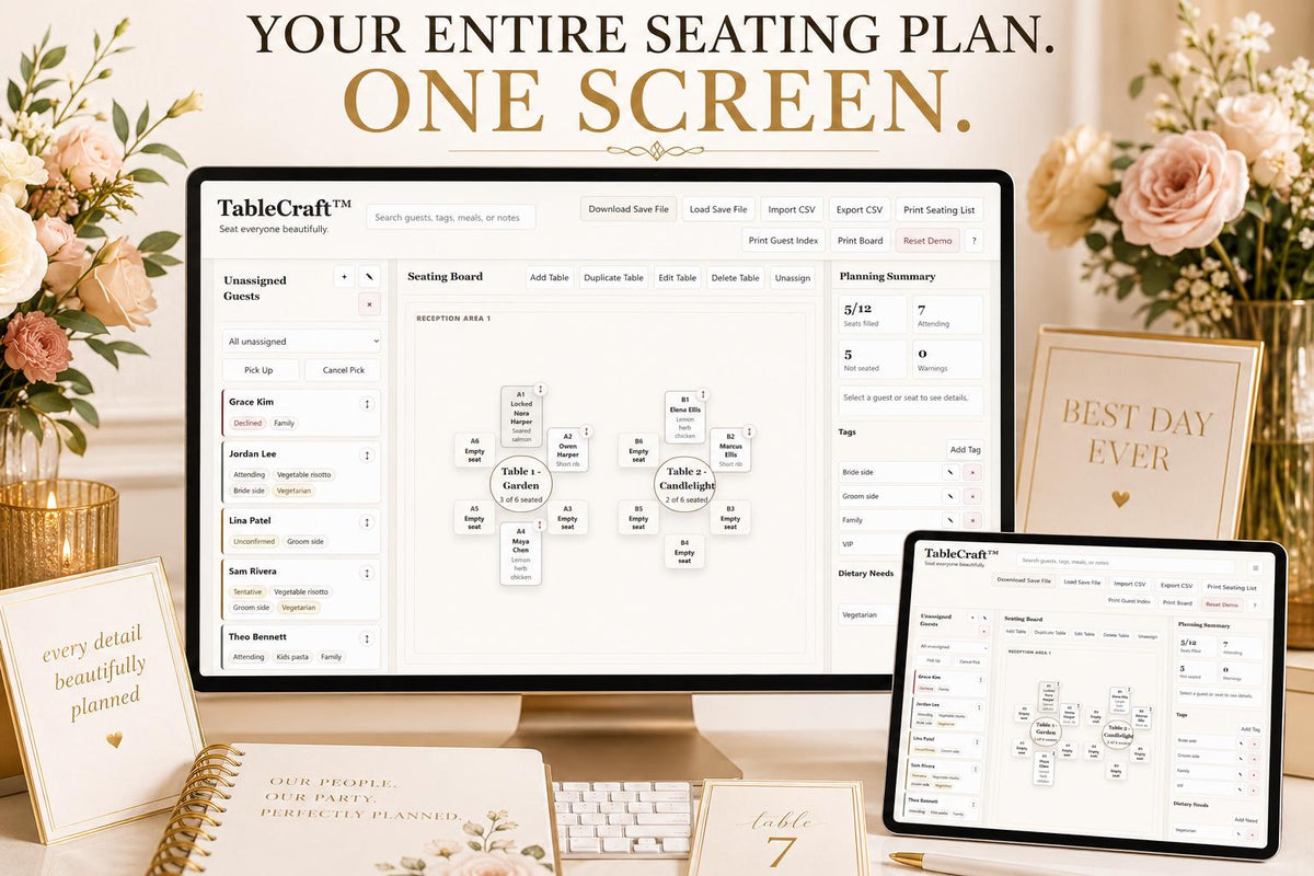 TableCraft wedding seating offline HTML mini app feature screen 2