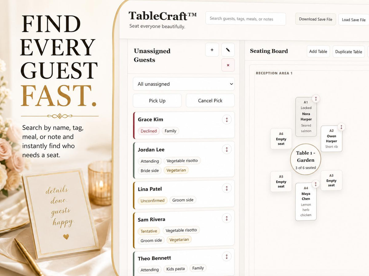 TableCraft wedding seating offline HTML mini app feature screen 4