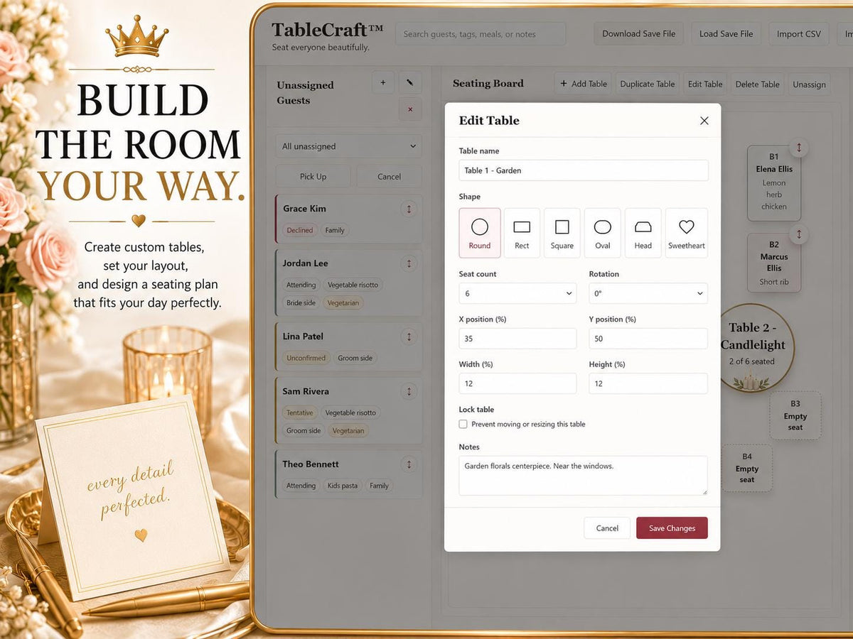 TableCraft wedding seating offline HTML mini app feature screen 7