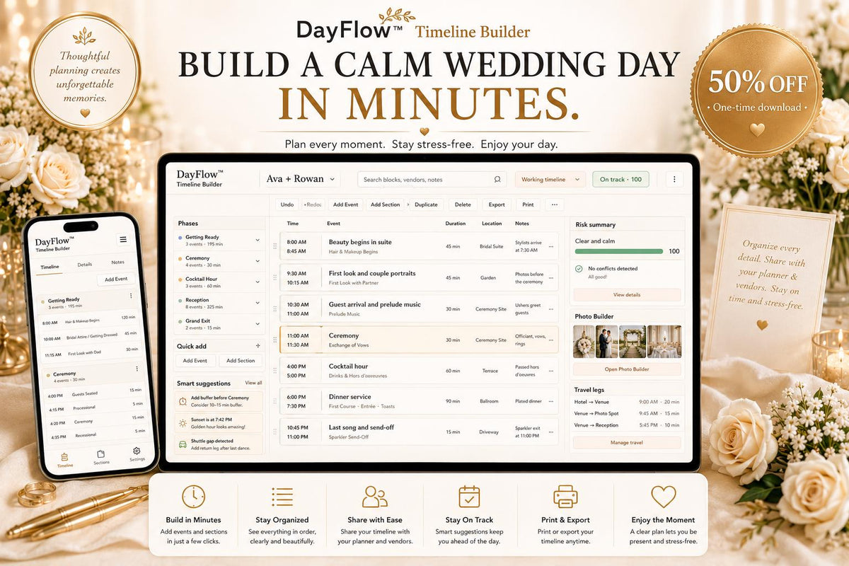 DayFlow™ wedding timeline offline HTML mini app dashboard