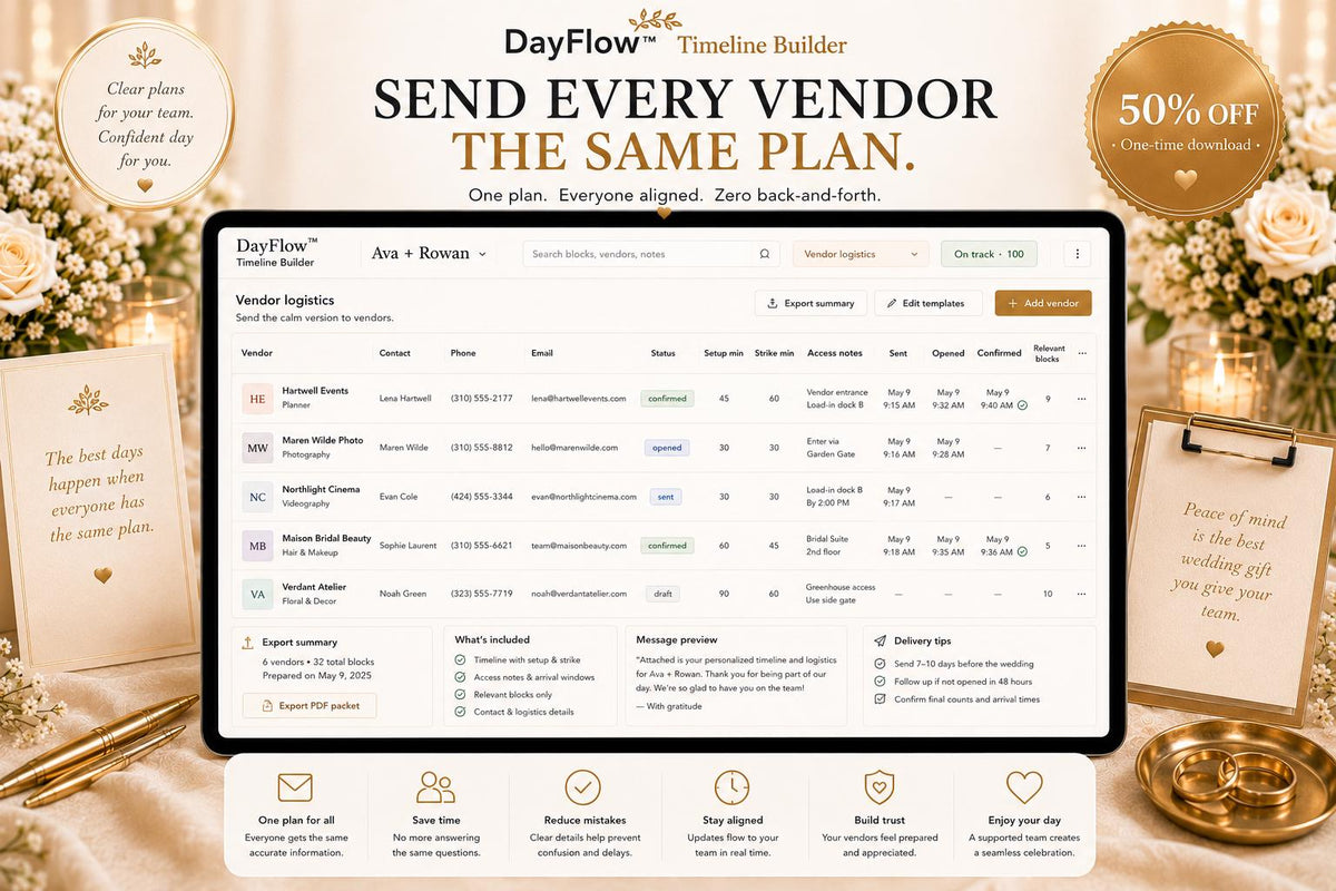 DayFlow™ wedding timeline offline HTML mini app feature screen 5