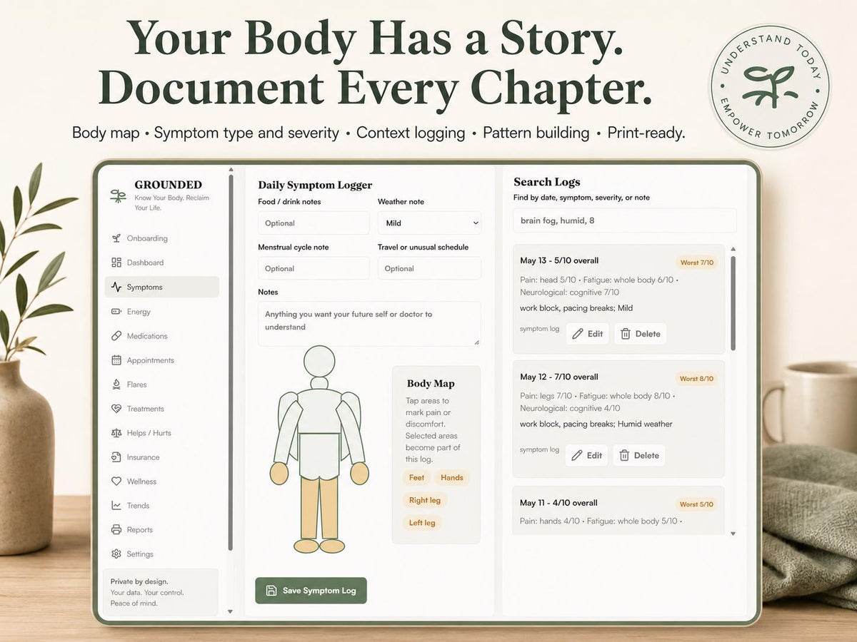 GROUNDED chronic illness tracking offline HTML mini app feature screen 3