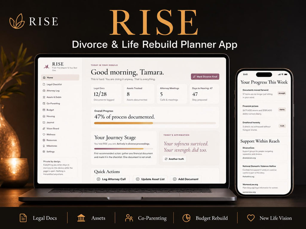 RISE divorce planning offline HTML mini app dashboard