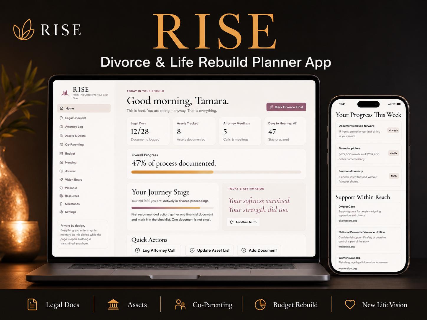 RISE divorce planning offline HTML mini app dashboard