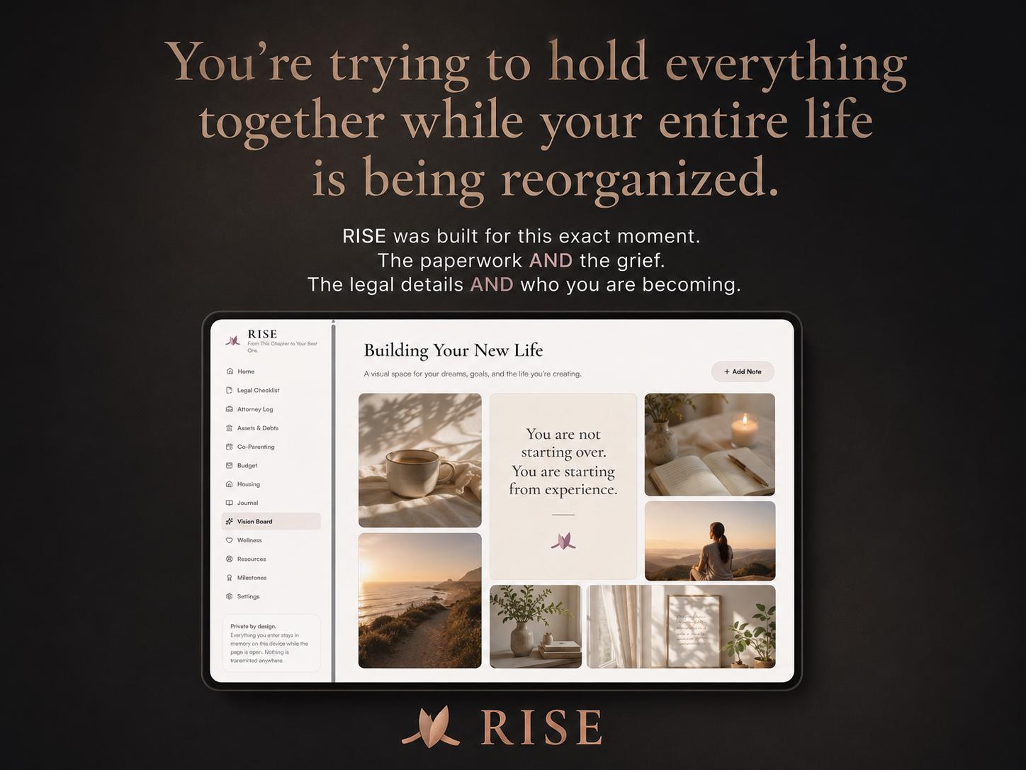 RISE divorce planning offline HTML mini app feature screen 2