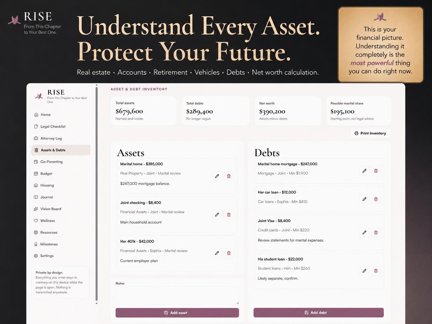 RISE divorce planning offline HTML mini app feature screen 4