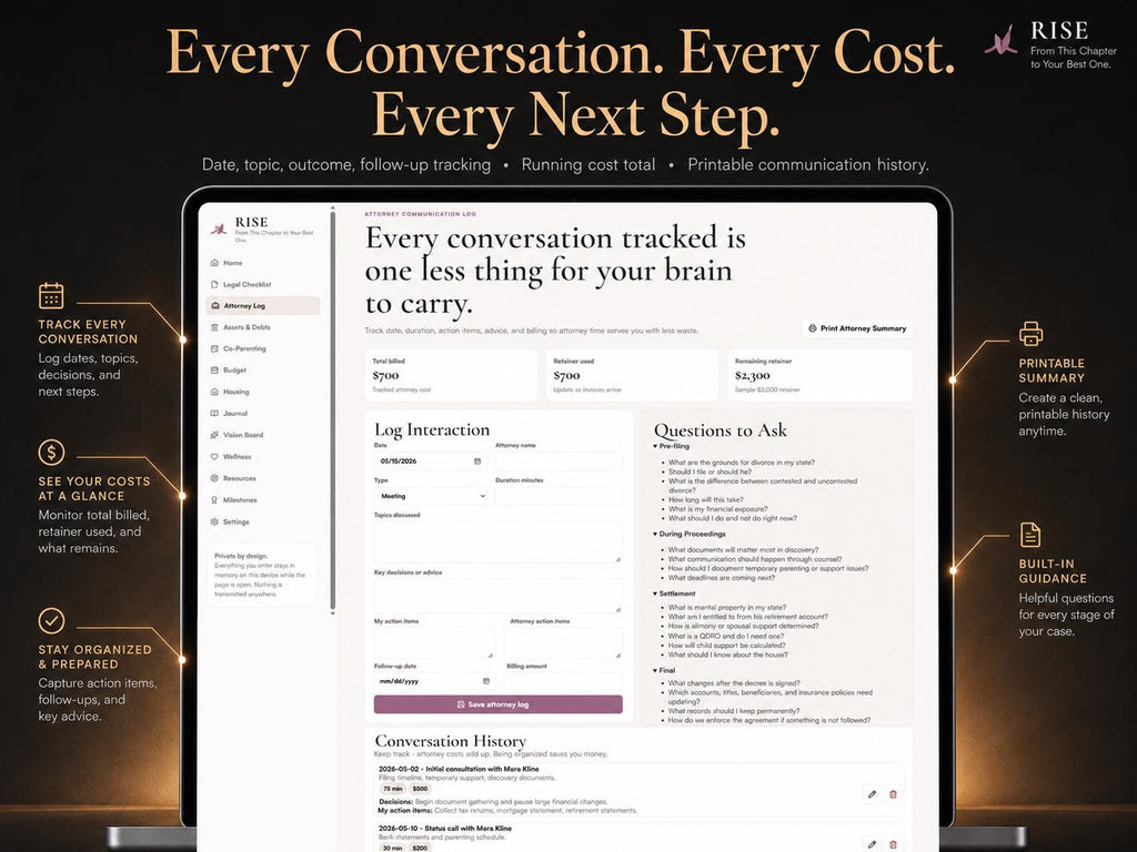 RISE divorce planning offline HTML mini app feature screen 7