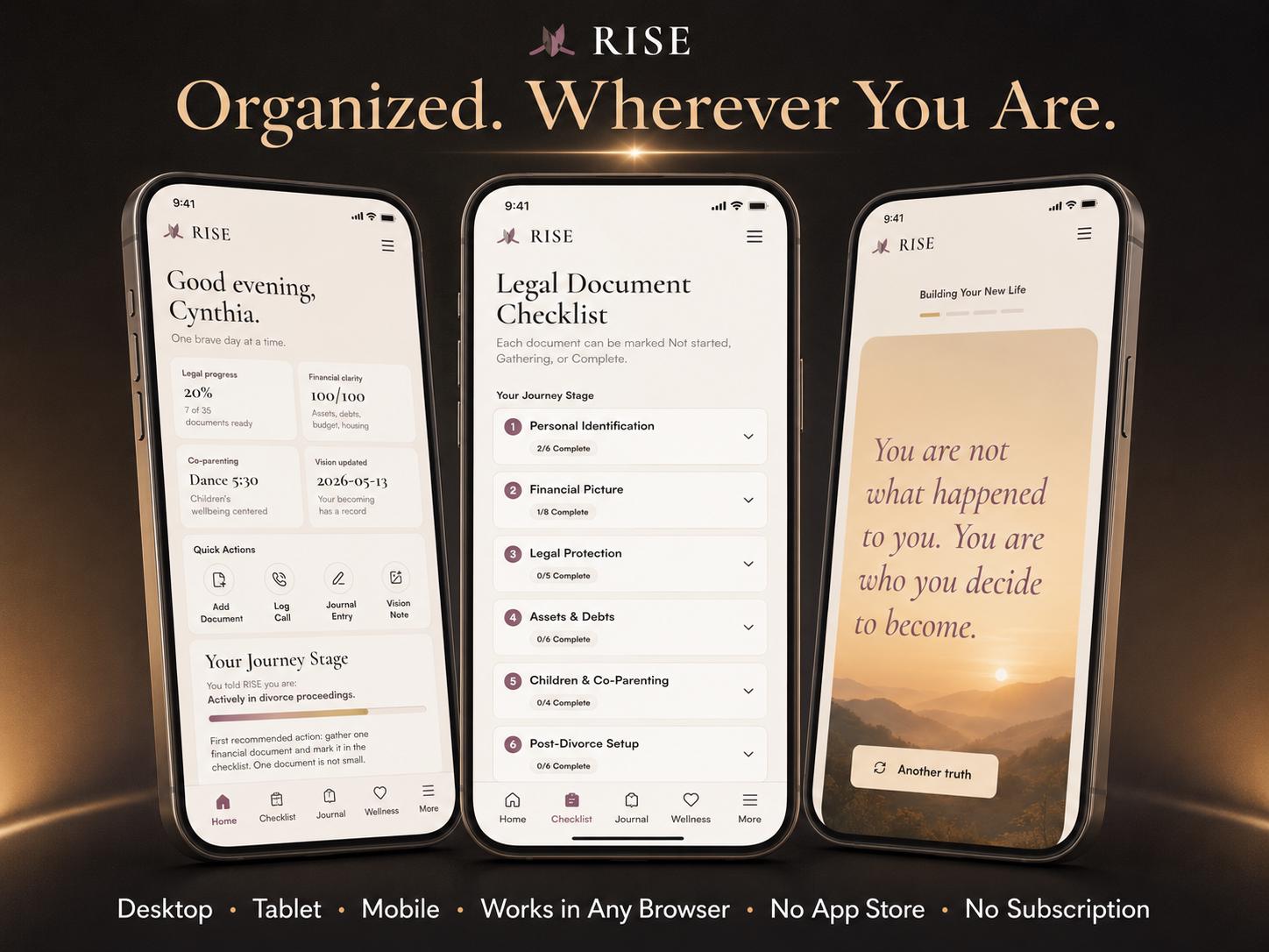 RISE divorce planning offline HTML mini app feature screen 9