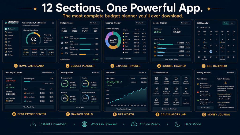 SteadyNest Budget Studio budget planning offline HTML mini app feature screen 7