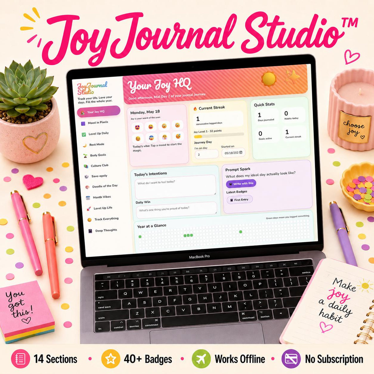 JoyJournal Studio personal growth journal offline HTML mini app dashboard