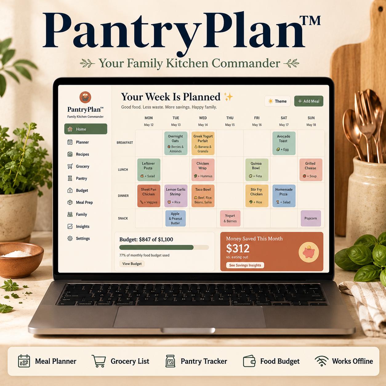 PantryPlan™ meal planning offline HTML mini app dashboard