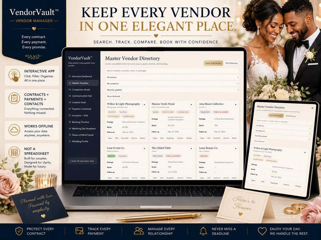 VendorVault wedding vendor management offline HTML mini app feature screen 3