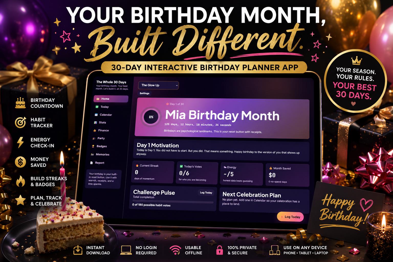 The Whole 30 Days birthday planning offline HTML mini app dashboard