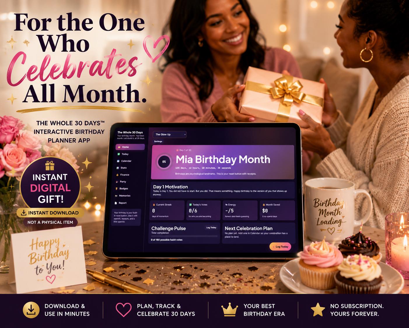 The Whole 30 Days birthday planning offline HTML mini app feature screen 2