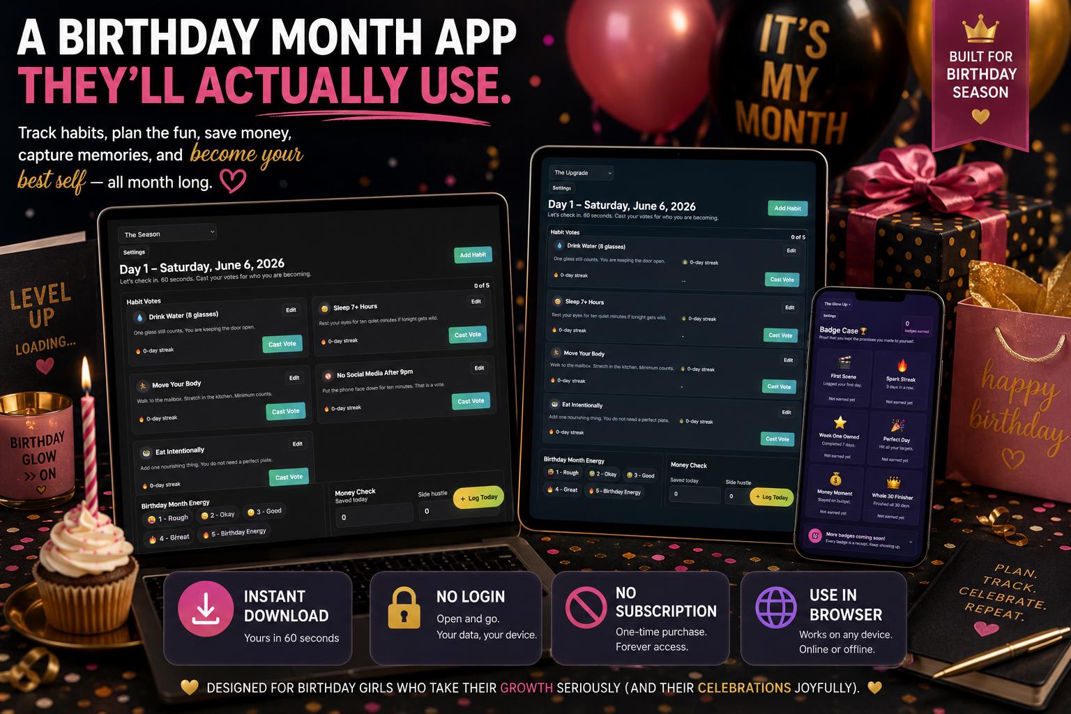 The Whole 30 Days birthday planning offline HTML mini app feature screen 10