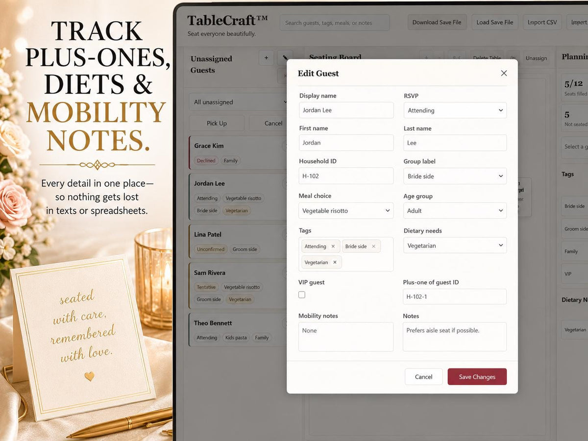 TableCraft wedding seating offline HTML mini app feature screen 6