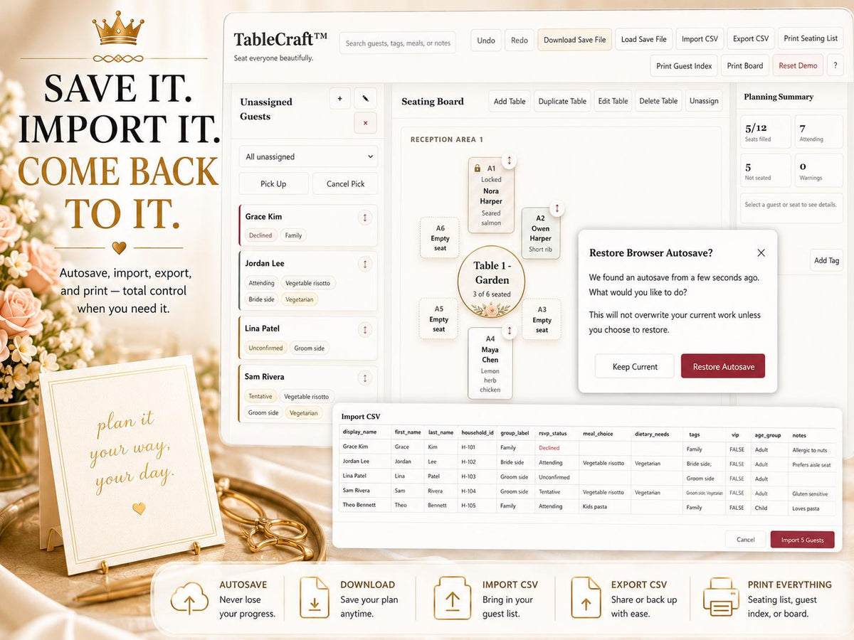 TableCraft wedding seating offline HTML mini app feature screen 8