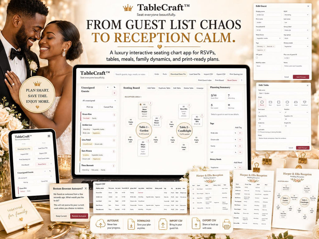 TableCraft wedding seating offline HTML mini app feature screen 10