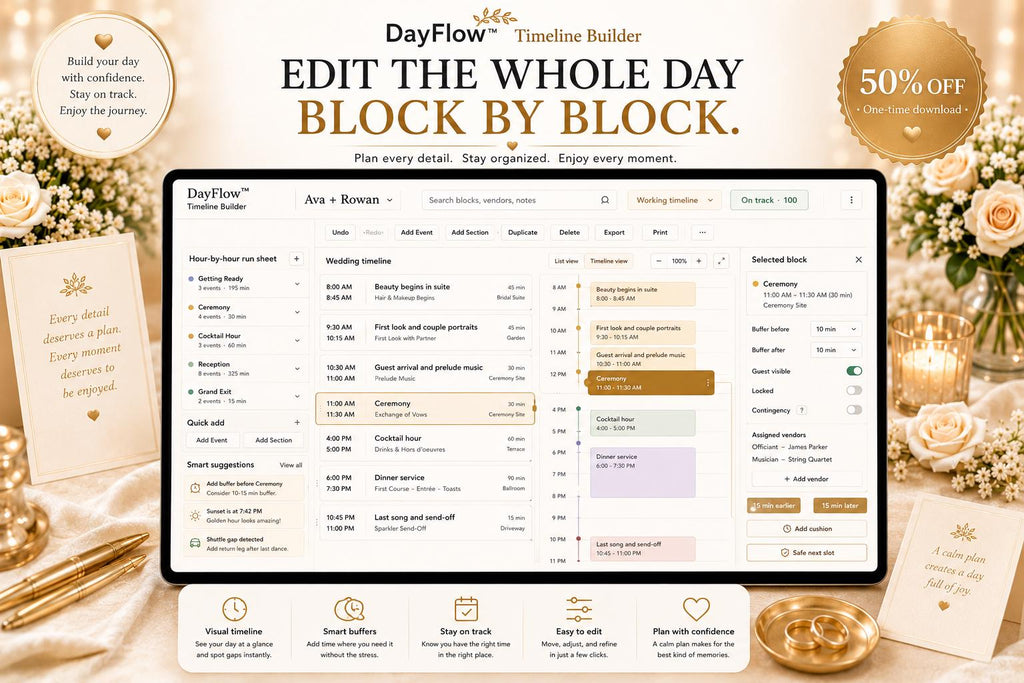 DayFlow™ wedding timeline offline HTML mini app feature screen 2