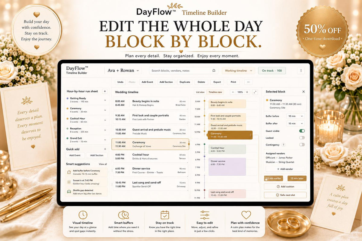 DayFlow™ wedding timeline offline HTML mini app feature screen 2