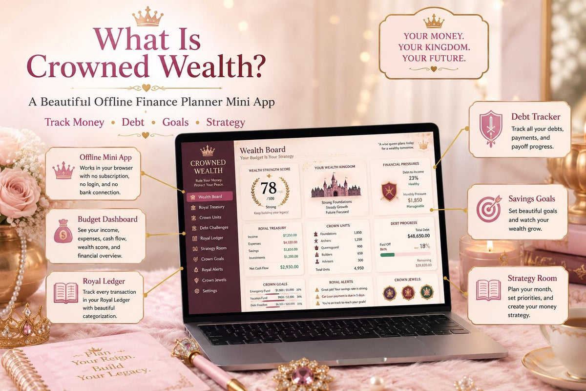 Crowned Wealth fantasy budgeting offline HTML mini app feature screen 2