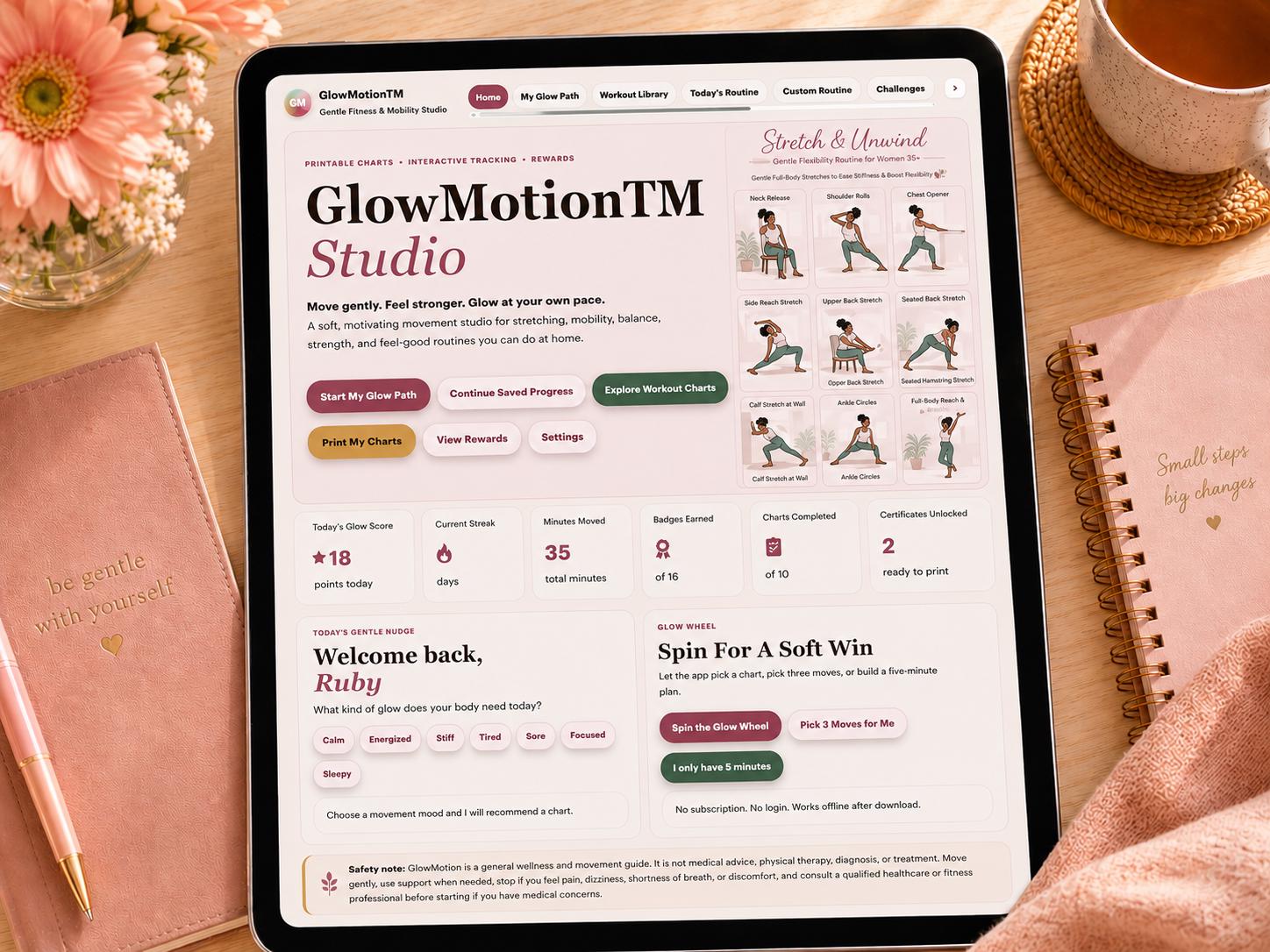 GlowMotion™ gentle fitness offline HTML mini app dashboard