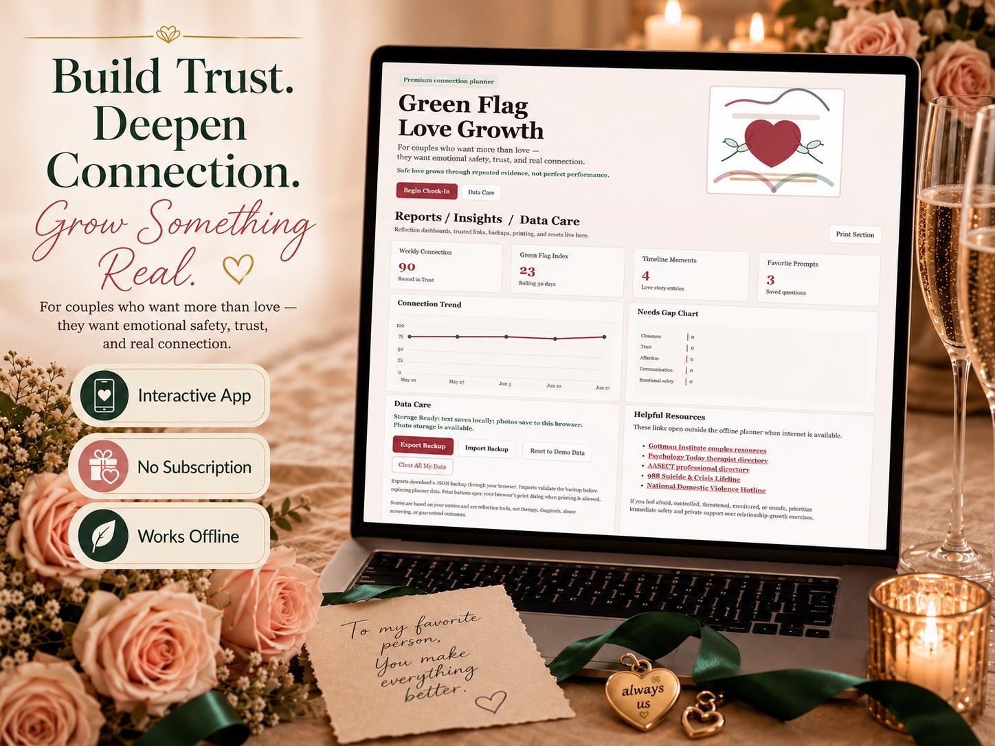 Green Flag Love Growth couples growth offline HTML mini app dashboard