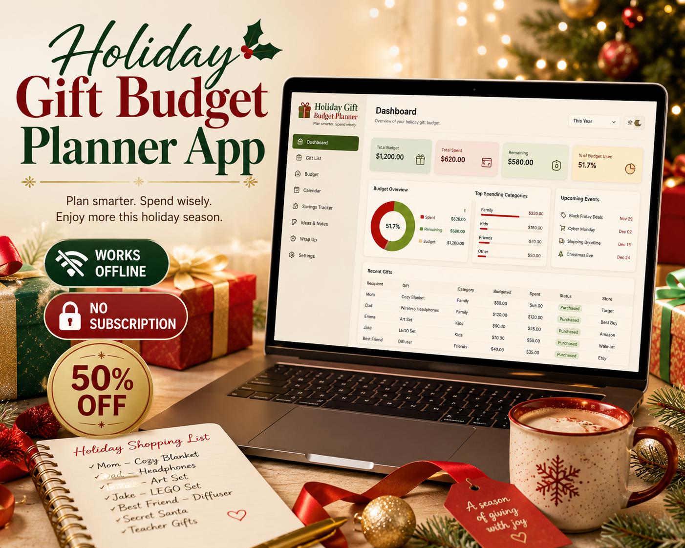 Holiday Gift Budget Planner gift budgeting offline HTML mini app dashboard