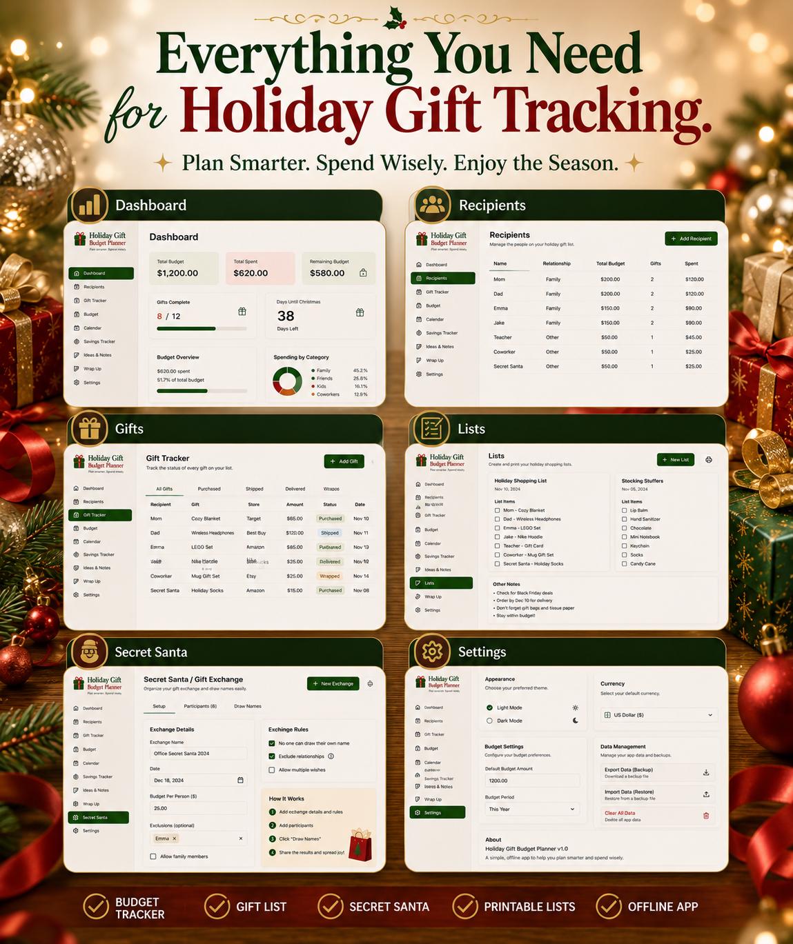 Holiday Gift Budget Planner gift budgeting offline HTML mini app feature screen 10