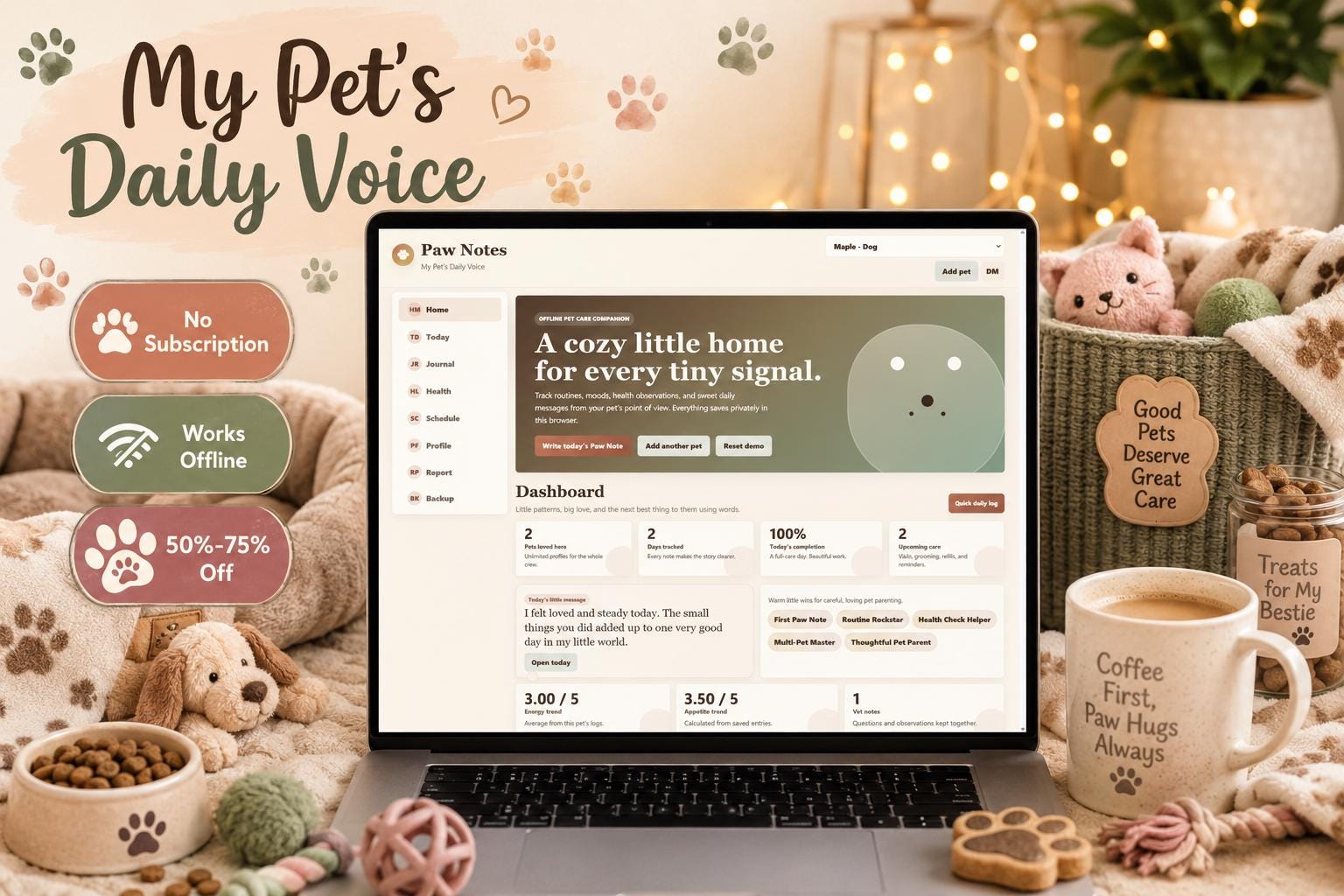 Pet Care Journal pet care offline HTML mini app dashboard