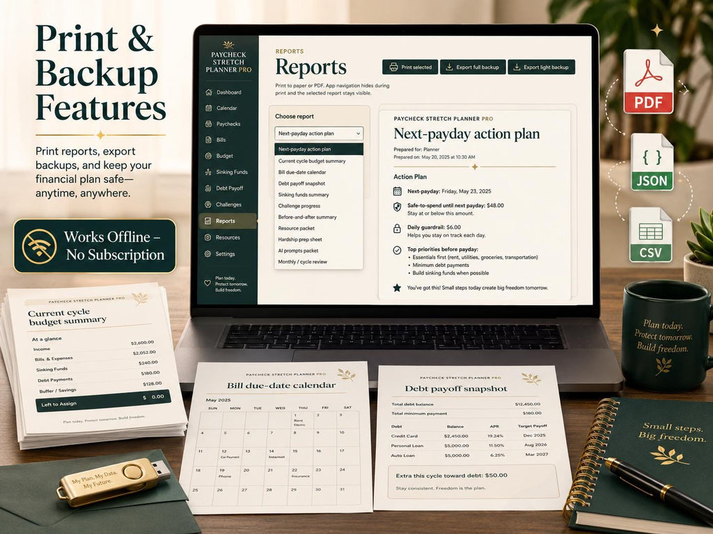 Paycheck Stretch Planner Pro paycheck budgeting offline HTML mini app feature screen 10
