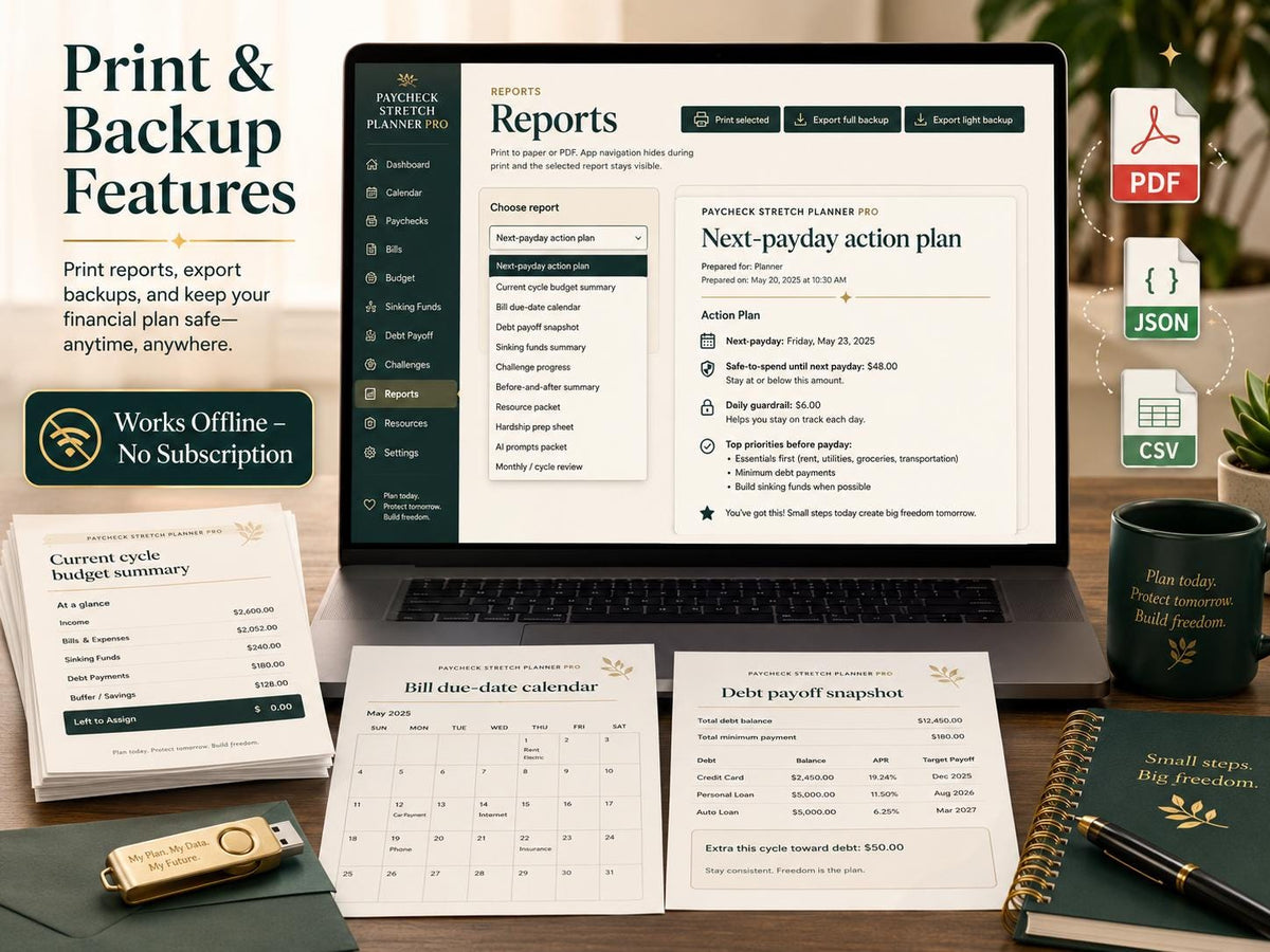 Paycheck Stretch Planner Pro paycheck budgeting offline HTML mini app feature screen 10