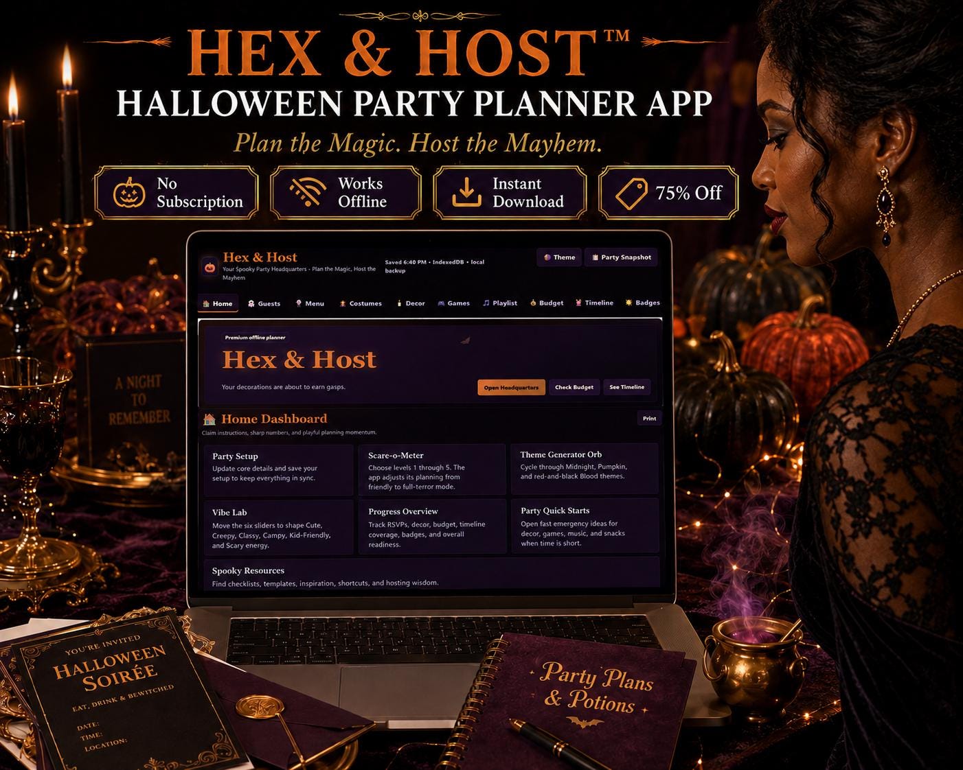 Hex & Host halloween party planning offline HTML mini app dashboard