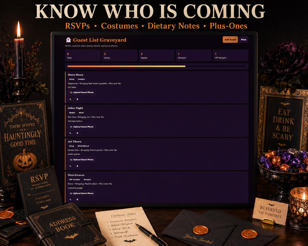 Hex & Host halloween party planning offline HTML mini app feature screen 2