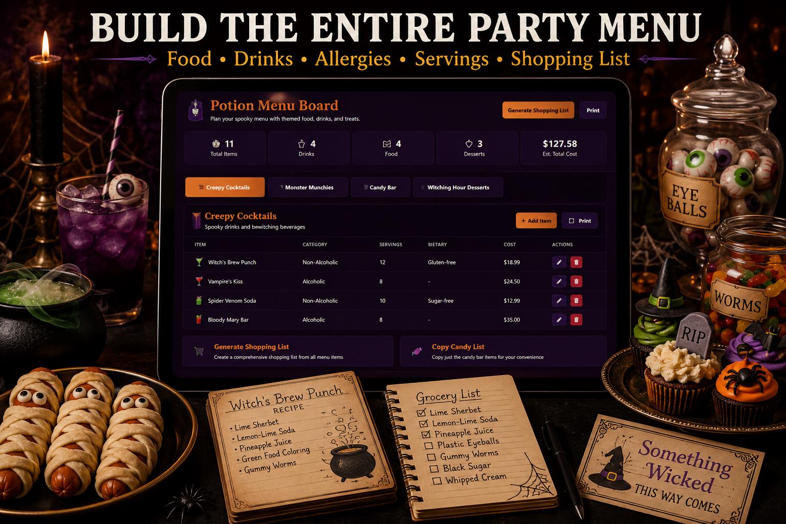 Hex & Host halloween party planning offline HTML mini app feature screen 3