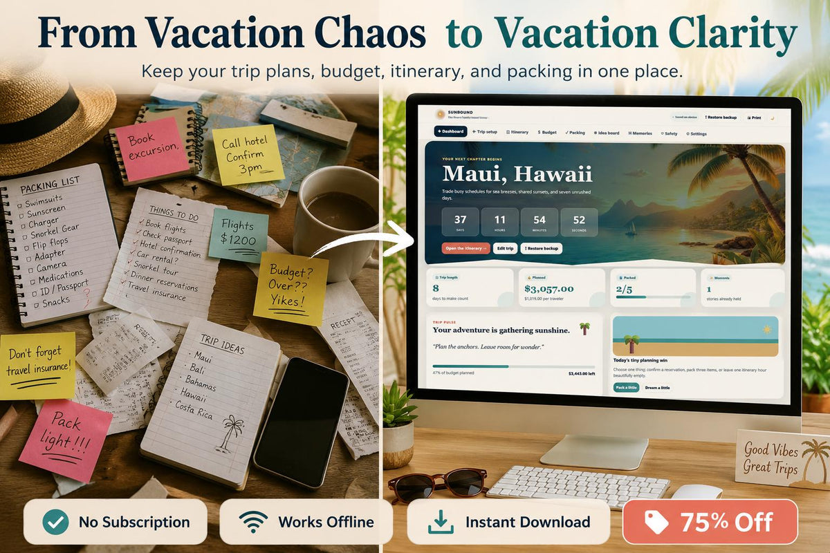 Sunbound summer vacation planning offline HTML mini app feature screen 2
