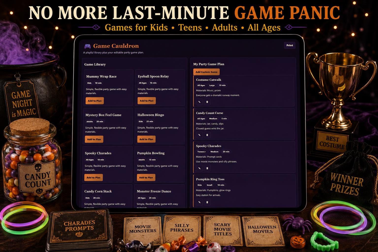 Hex & Host halloween party planning offline HTML mini app feature screen 7