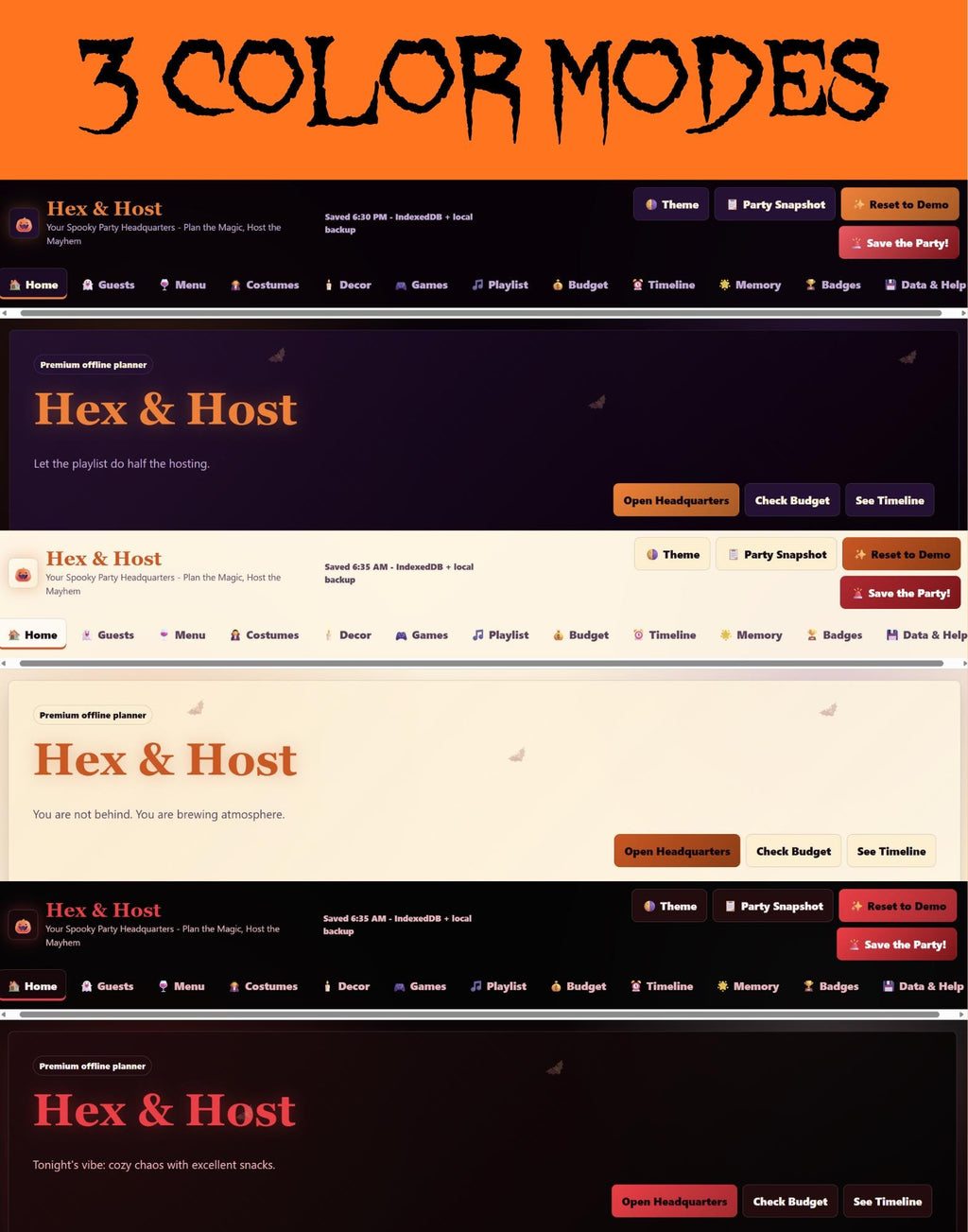 Hex & Host halloween party planning offline HTML mini app feature screen 6