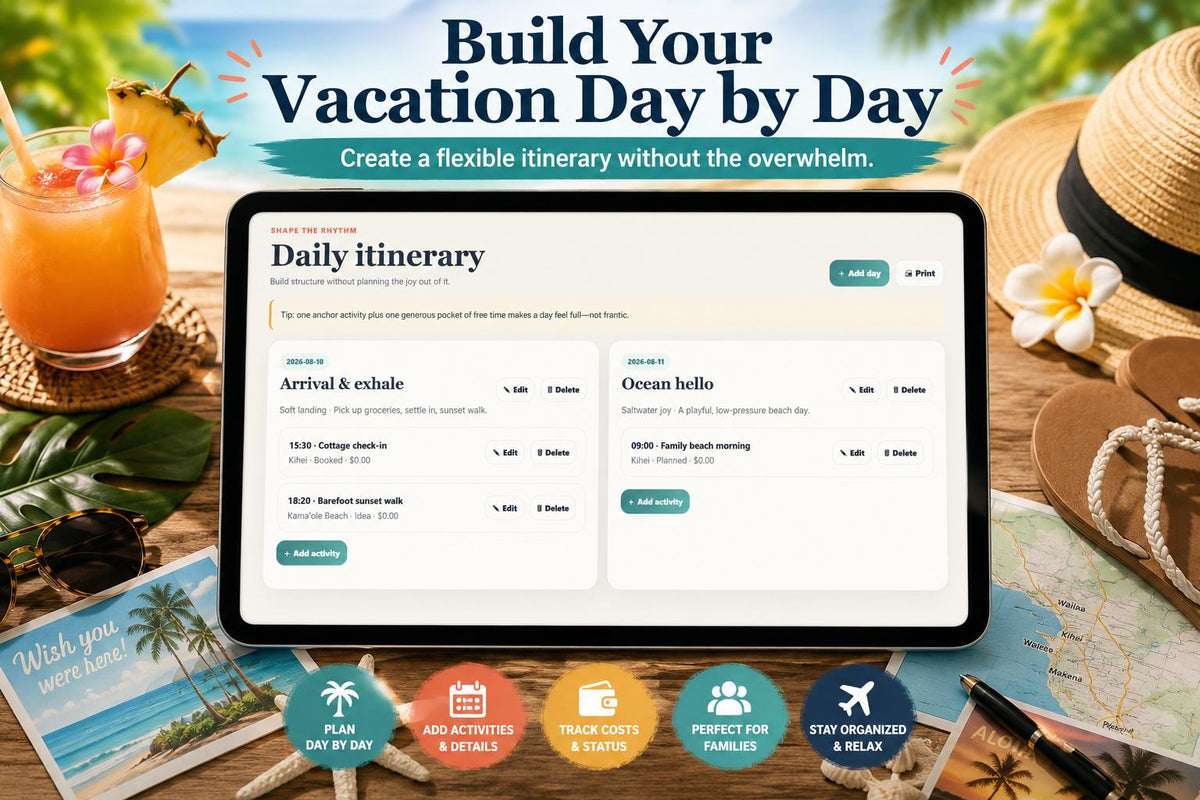 Sunbound summer vacation planning offline HTML mini app feature screen 4