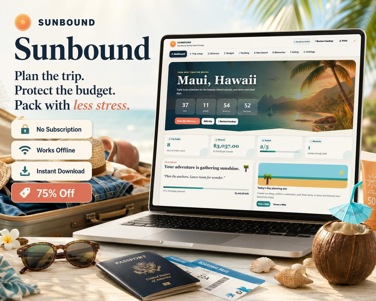 Sunbound summer vacation planning offline HTML mini app dashboard