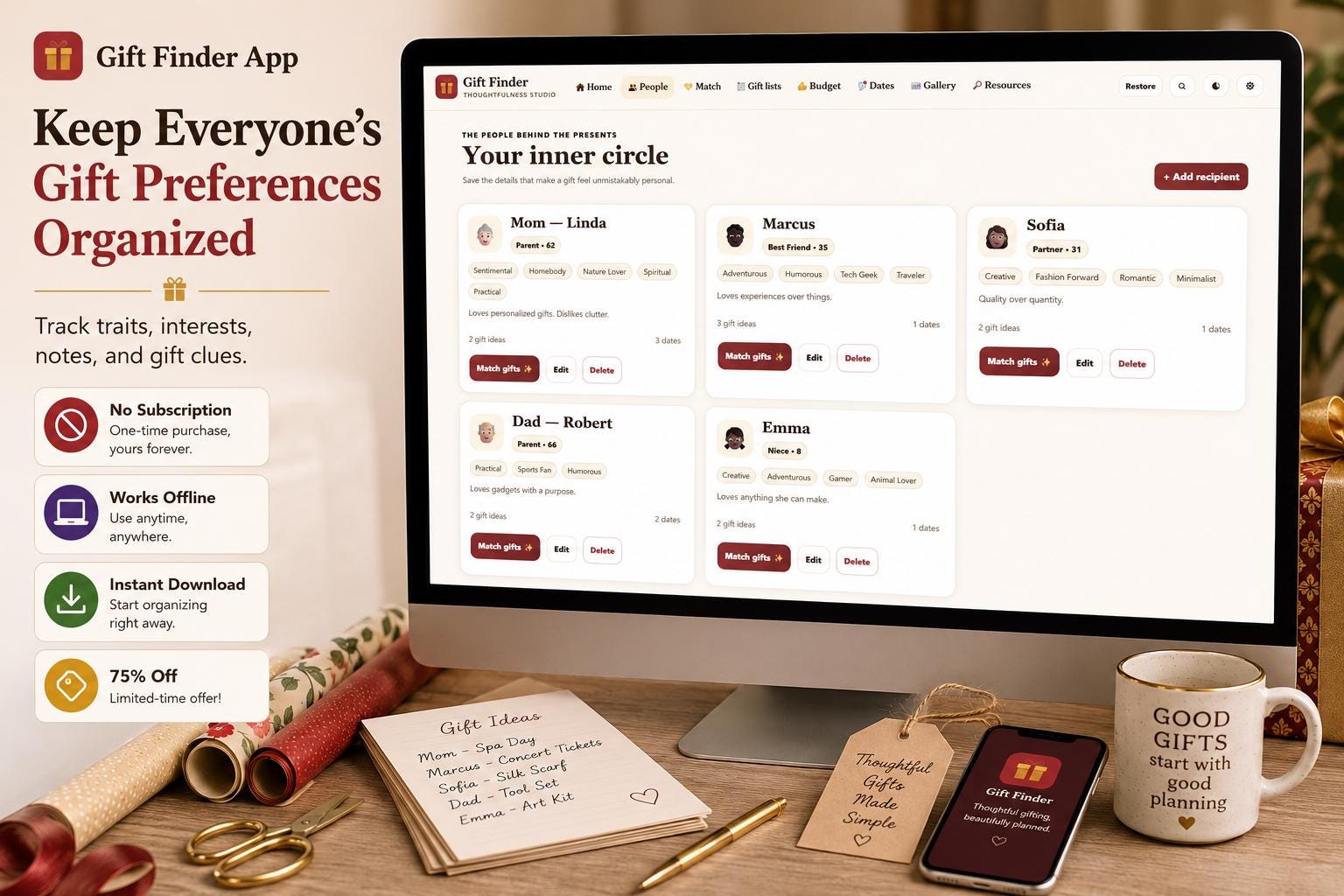 Gift Finder App gift planning offline HTML mini app feature screen 4