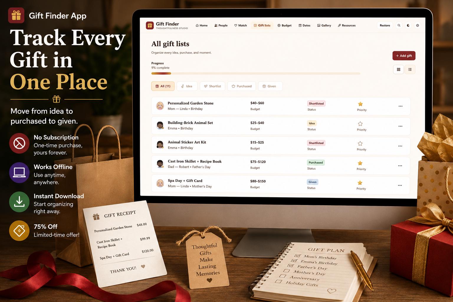 Gift Finder App gift planning offline HTML mini app feature screen 6